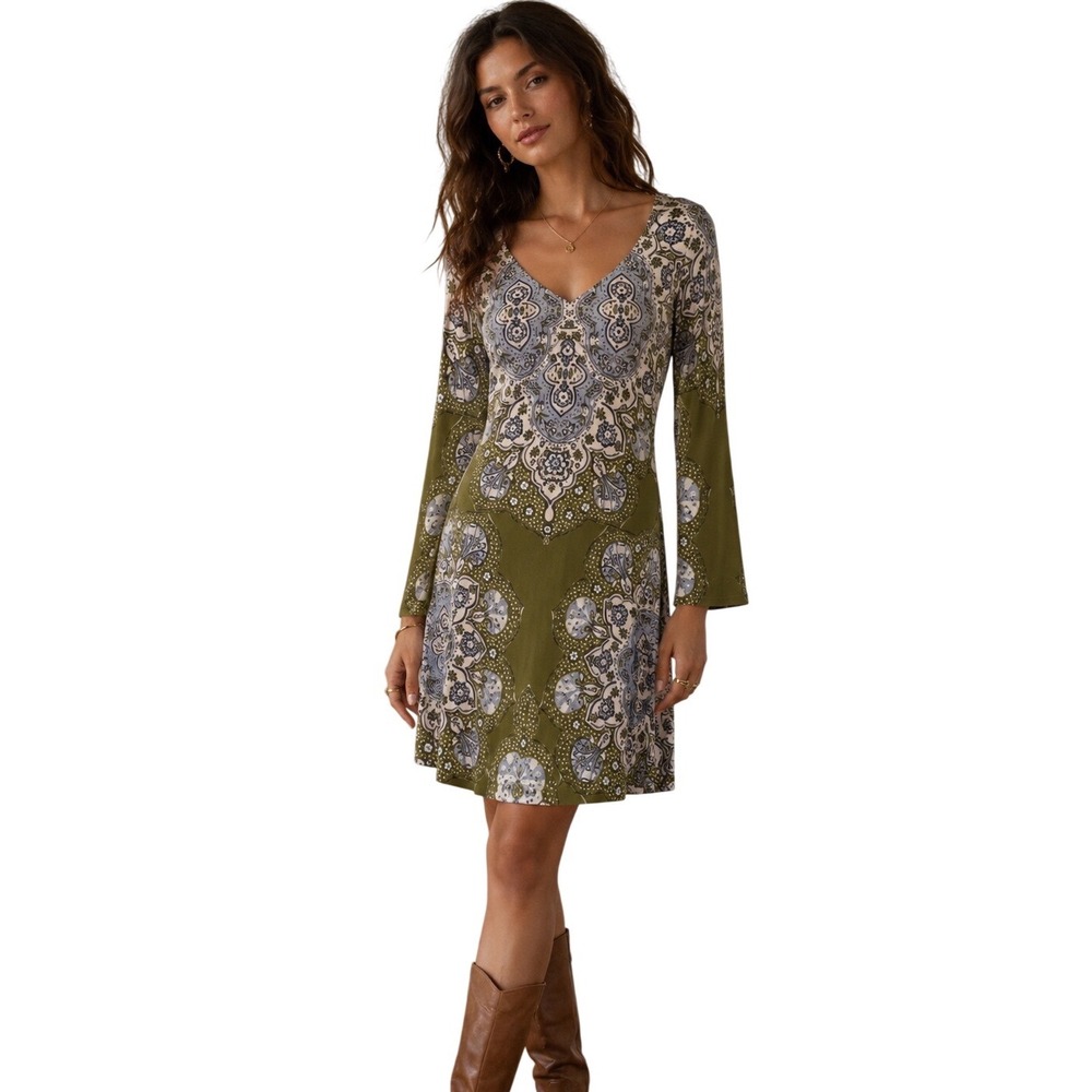 Free People Mini Dress Paisley Floral V-Neck Size S Moss‎ Green Boho Retro 70s